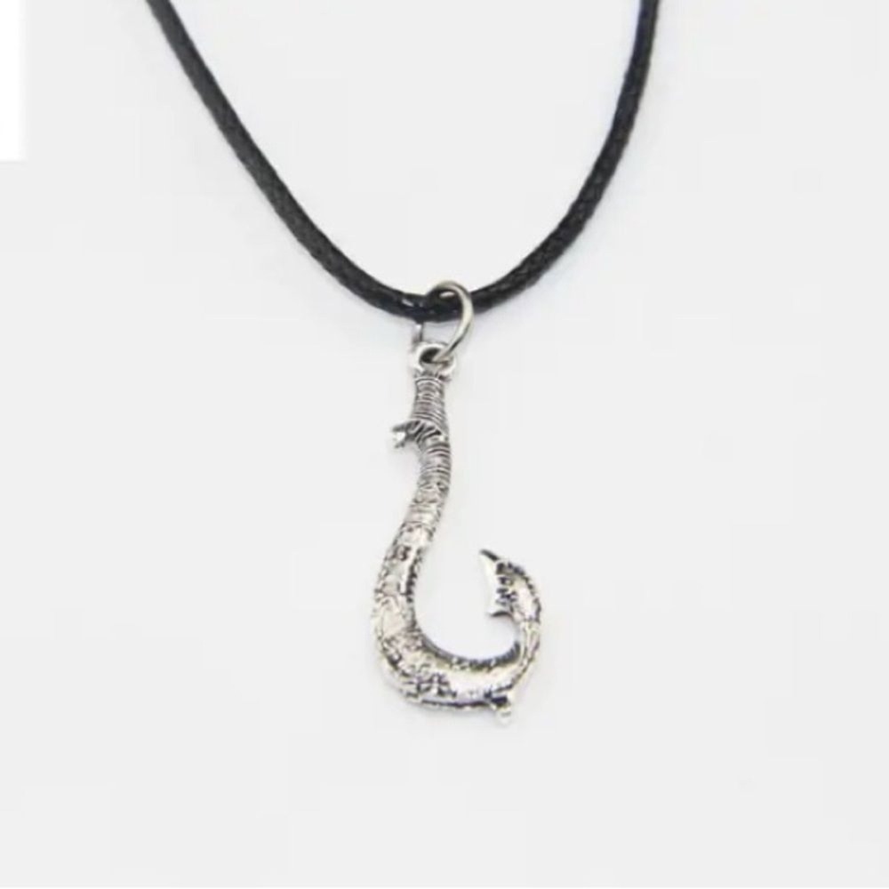 Disney's Moana Princess Fish Hook Pendant‎ Necklace Silvertone Black Cord 18 in